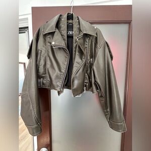 Zara Cropped Faux Leather Biker Jacket